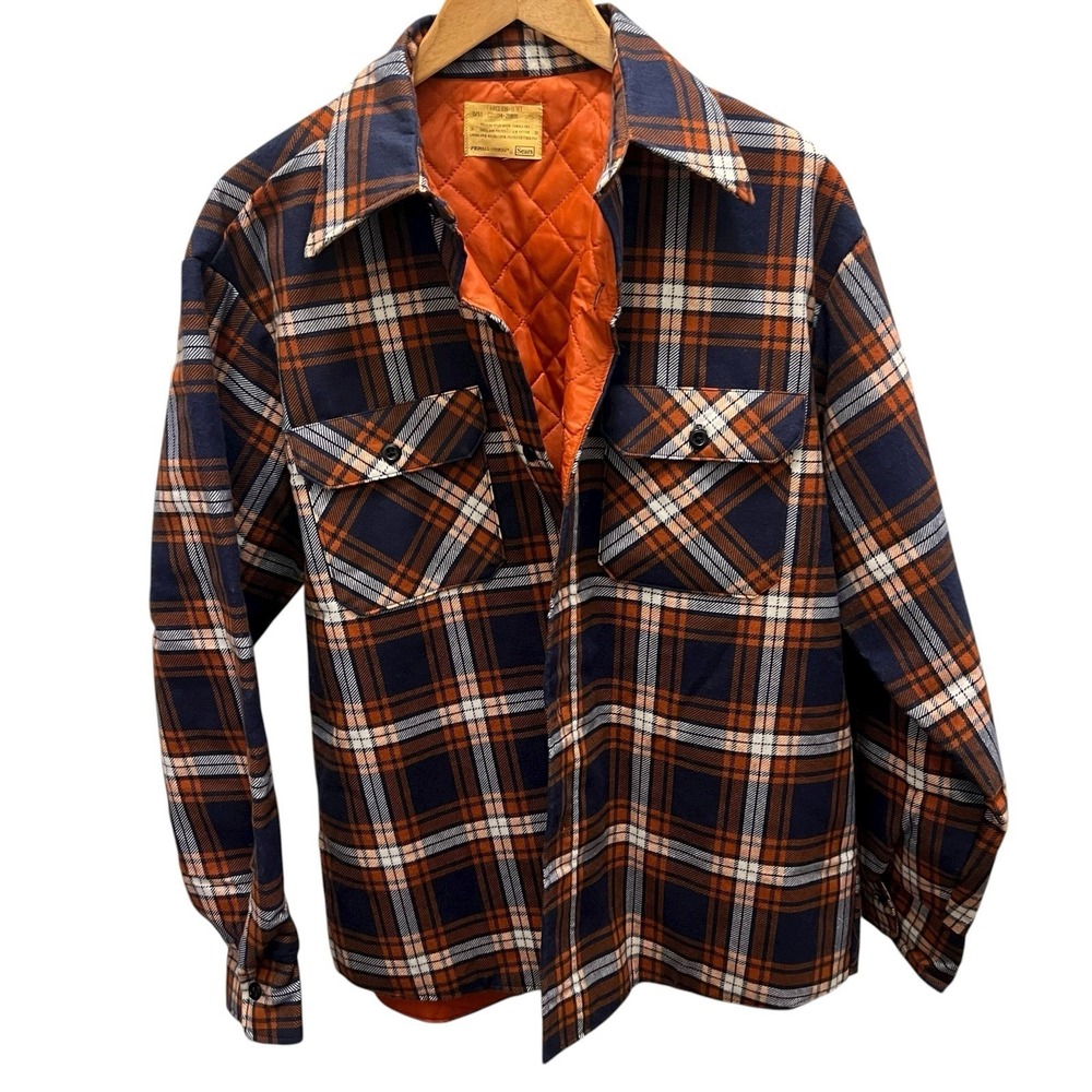 Vintage 70s Sears Perma-Prest Quilted Flannel Shirt Jacket Plaid Large Deadstock